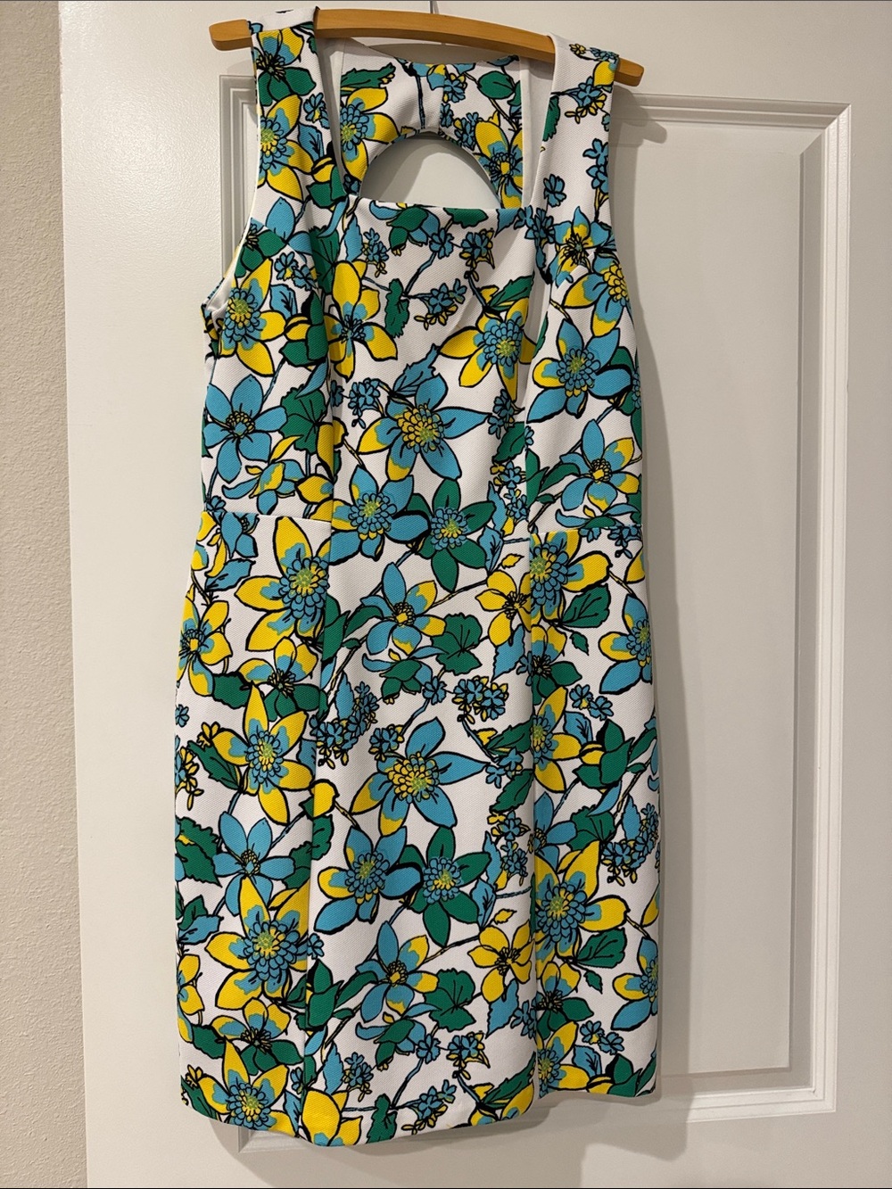 Sleeveless White Floral Shift Dress with Teal & Yellow Blooms